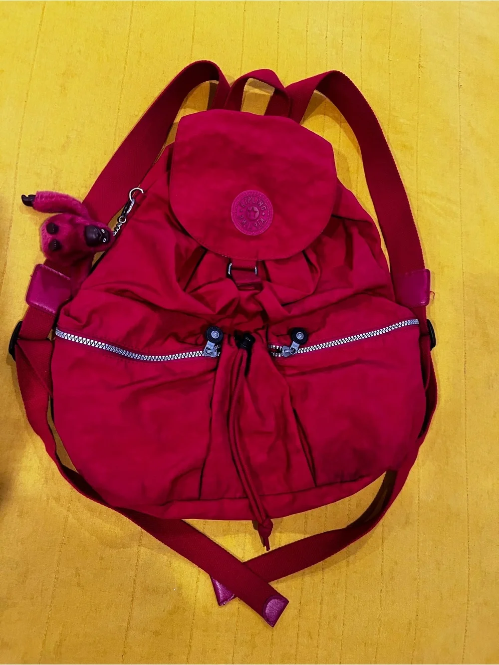 Kipling Lovebig Red Drawstring Backpack with Front Zip Pockets